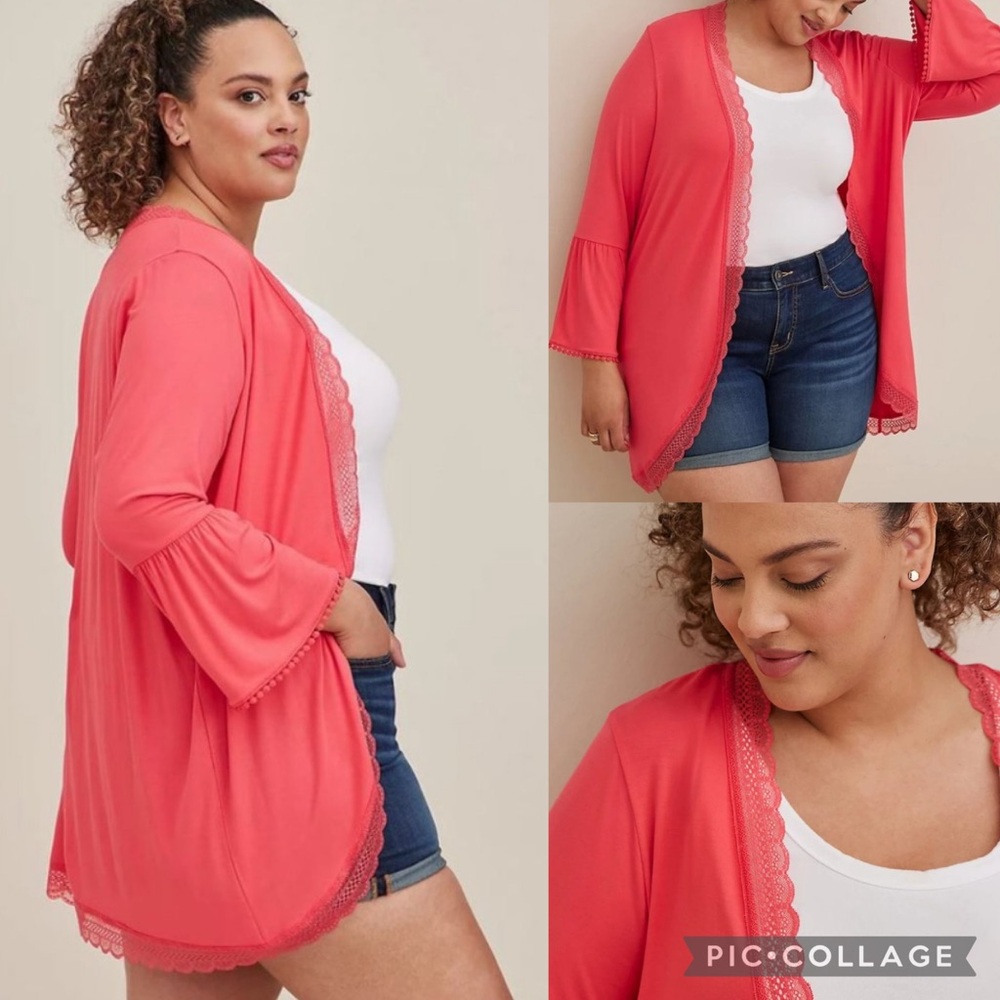 Torrid Super Soft Lace Trim Coral Pink Lightweight Duster Topper Cardi Cardigan